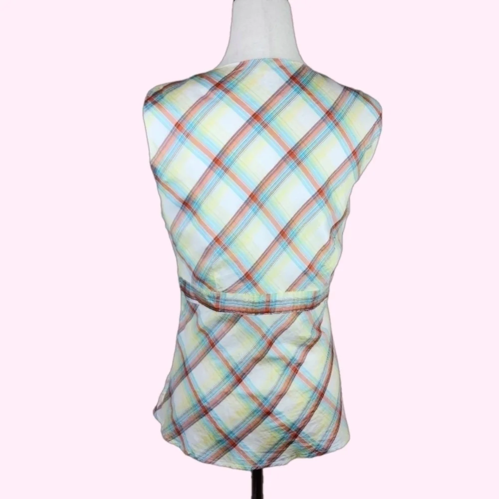 Y2K Vintage Plaid Empire Waist 100% Silk Sleeveless Blouse Medium - Picture 3 of 8